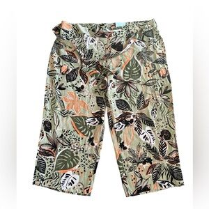 Blue Sol Linen Blend Pants 2X Wide Leg Crop Hawaiian Floral Elastic Tie Waist